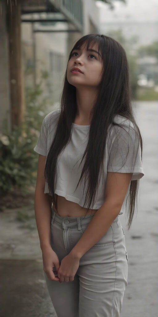 The image captures a moment of extreme loneliness in the height of summer, with a teen girl standing alone on a street facing the camera. Her light grey short jeans pants and white wet cropped t-shirt are draped over her body as heavy rainfall soaks into her skin, leaving her long hair, straight and smooth, with water droplets falling softly onto her face. The girl, looking up at the sky, exudes an air of complete isolation and introspection amidst the quiet summer rain. Her hair, with its soft black strands, cascades down her back, creating a stark contrast against the pale girl's warm skin and the dark, slightly wet strands of hair framing her face. The girl, with her long hair hanging down her back, holds her hands on her knees and gently places her feet flat on the ground. The focus on her face emphasizes the girl's emotional vulnerability in the face of the summer weather.