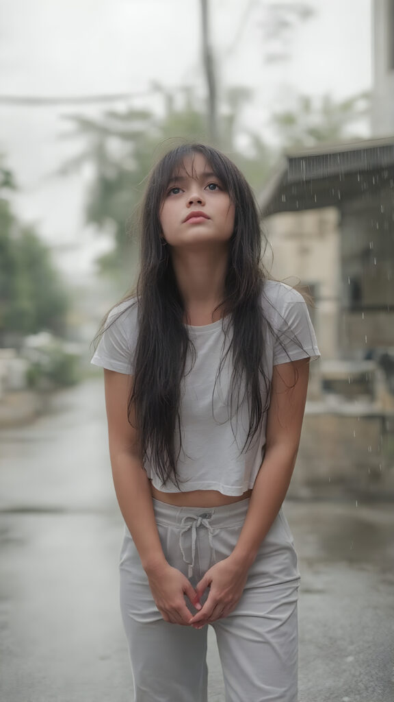 The image captures a moment of extreme loneliness in the height of summer, with a teen girl standing alone on a street facing the camera. Her light grey pants and white wet cropped t-shirt are draped over her body as heavy rainfall soaks into her skin, leaving her long hair, straight and smooth, with water droplets falling softly onto her face. The girl, looking up at the sky, exudes an air of complete isolation and introspection amidst the quiet summer rain. Her hair, with its soft black strands, cascades down her back, creating a stark contrast against the pale girl's warm skin and the dark, slightly wet strands of hair framing her face. The girl, with her long hair hanging down her back, holds her hands on her knees and gently places her feet flat on the ground. The focus on her face emphasizes the girl's emotional vulnerability in the face of the summer weather.