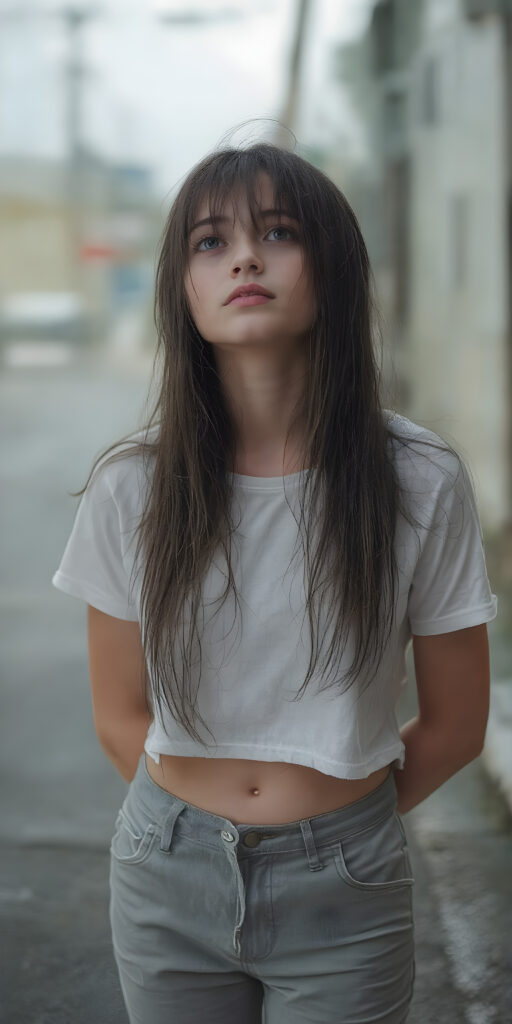 The image captures a moment of extreme loneliness in the height of summer, with a teen girl standing alone on a street facing the camera. Her light grey short jeans pants and white wet cropped t-shirt are draped over her body as heavy rainfall soaks into her skin, leaving her long hair, straight and smooth, with water droplets falling softly onto her face. The girl, looking up at the sky, exudes an air of complete isolation and introspection amidst the quiet summer rain. Her hair, with its soft black strands, cascades down her back, creating a stark contrast against the pale girl's warm skin and the dark, slightly wet strands of hair framing her face. The girl, with her long hair hanging down her back, holds her hands on her knees and gently places her feet flat on the ground. The focus on her face emphasizes the girl's emotional vulnerability in the face of the summer weather.