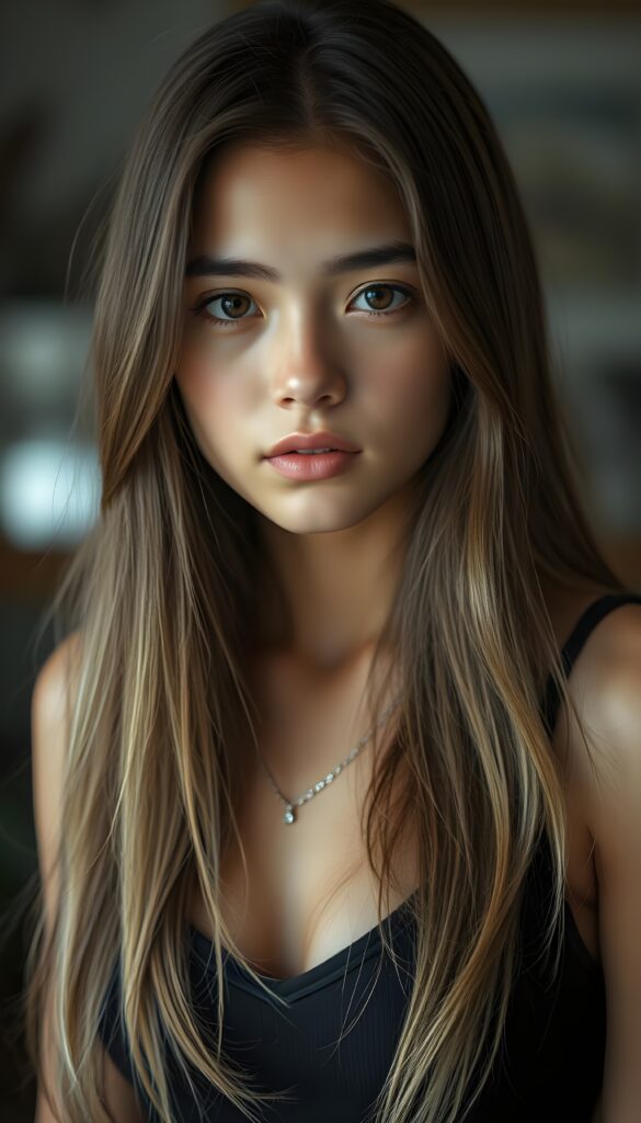 The most beautiful girl in the world: a young girl with a flawless face, looking directly into the camera. She has brown, straight, voluminous, and full hair with light highlights. Her hair is super long and realistic an detailed. Her beautiful dark eyes radiate a sense of calm and contentment. She has plump, full, natural lips and a small nose. Well-defined dark eyebrows. The photo captures her round face in a warm tone. She’s wearing a black tight-fitting thin tank top, deep v-neck that accentuates her wonderful, feminine figure. She has a absolute symmetrical face.