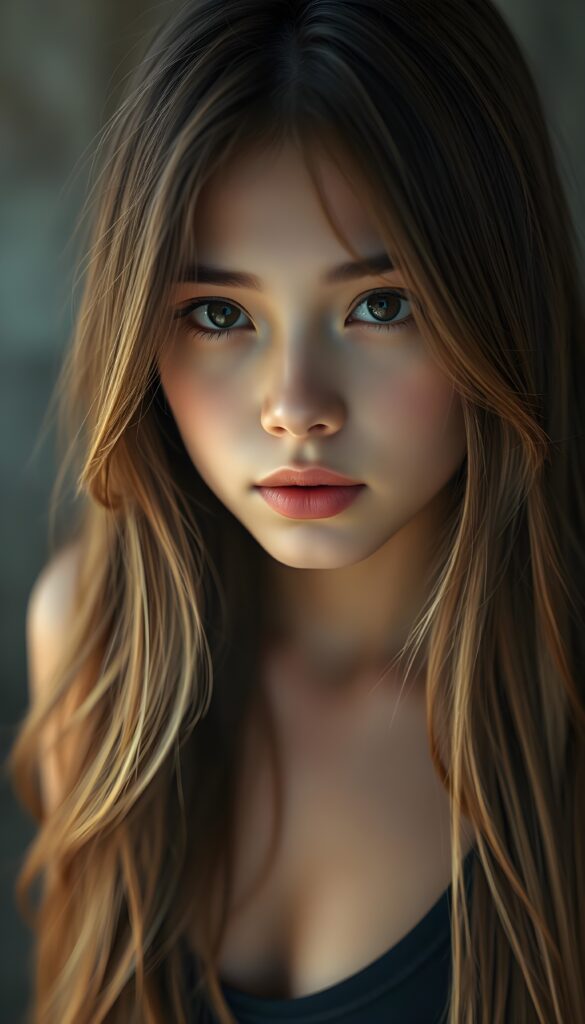 The most beautiful girl in the world: a young girl with a flawless face, looking directly into the camera. She has brown, straight, voluminous, and full hair with light highlights. Her hair is super long and realistic an detailed. Her beautiful dark eyes radiate a sense of calm and contentment. She has plump, full, natural lips and a small nose. Well-defined dark eyebrows. The photo captures her round face in a warm tone. She’s wearing a black tight-fitting thin tank top, deep v-neck that accentuates her wonderful, feminine figure. She has a absolute symmetrical face.