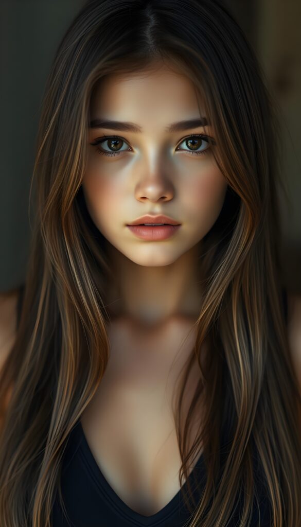 The most beautiful girl in the world: a young girl with a flawless face, looking directly into the camera. She has brown, straight, voluminous, and full hair with light highlights. Her hair is super long and realistic an detailed. Her beautiful dark eyes radiate a sense of calm and contentment. She has plump, full, natural lips and a small nose. Well-defined dark eyebrows. The photo captures her round face in a warm tone. She’s wearing a black tight-fitting thin tank top, deep v-neck that accentuates her wonderful, feminine figure. She has a absolute symmetrical face.