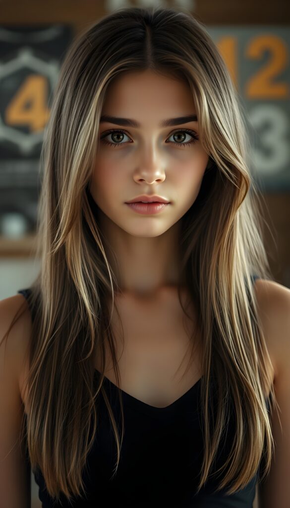 The most beautiful girl in the world: a young girl with a flawless face, looking directly into the camera. She has brown, straight, voluminous, and full hair with light highlights. Her hair is super long and realistic an detailed. Her beautiful dark eyes radiate a sense of calm and contentment. She has plump, full, natural lips and a small nose. Well-defined dark eyebrows. The photo captures her round face in a warm tone. She’s wearing a black tight-fitting thin tank top, deep v-neck that accentuates her wonderful, feminine figure. She has a absolute symmetrical face.