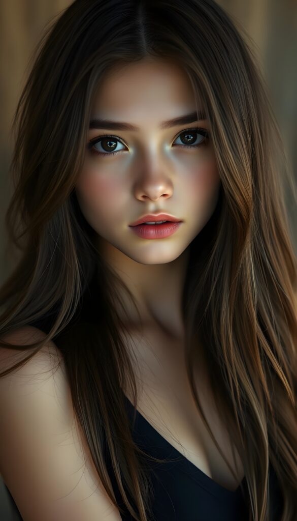 The most beautiful girl in the world: a young girl with a flawless face, looking directly into the camera. She has brown, straight, voluminous, and full hair with light highlights. Her hair is super long and realistic an detailed. Her beautiful dark eyes radiate a sense of calm and contentment. She has plump, full, natural lips and a small nose. Well-defined dark eyebrows. The photo captures her round face in a warm tone. She’s wearing a black tight-fitting thin tank top, deep v-neck that accentuates her wonderful, feminine figure. She has a absolute symmetrical face.