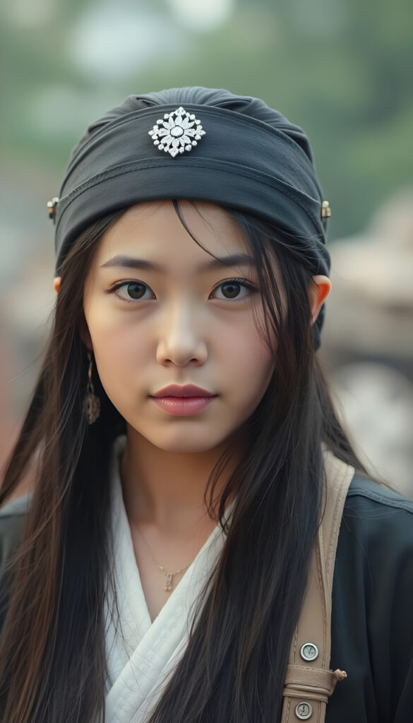 The young Asirpa, she is thin dressed, perfect female figure. Asirpa has long, straight silky black hair.