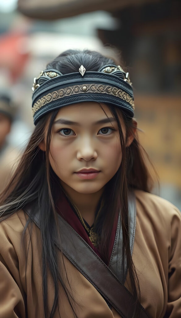 The young Asirpa, she is thin dressed, perfect female figure. Asirpa has long, straight silky black hair.