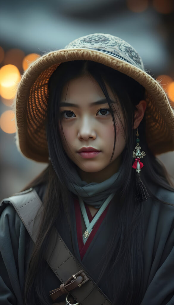 The young Asirpa, she is thin dressed, perfect female figure. Asirpa has long, straight silky black hair.