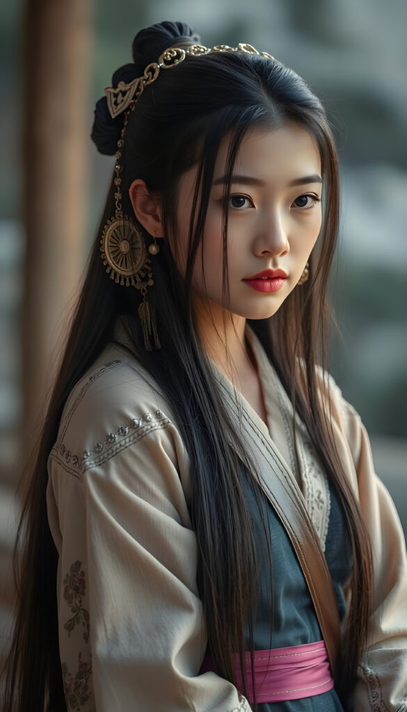 The young Asirpa, she is thin dressed, perfect female figure. Asirpa has long, straight silky black hair.