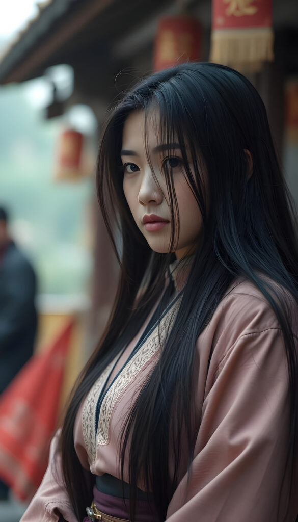 The young Asirpa, she is thin dressed, perfect female figure. Asirpa has long, straight silky black hair.