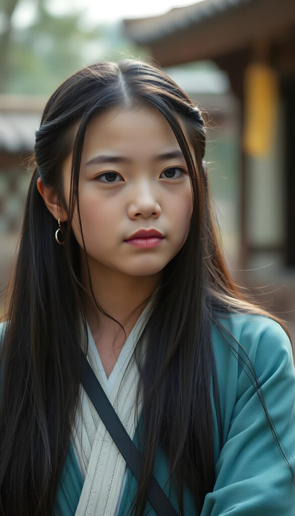 The young Asirpa, she is thin dressed, perfect female figure. Asirpa has long, straight silky black hair.