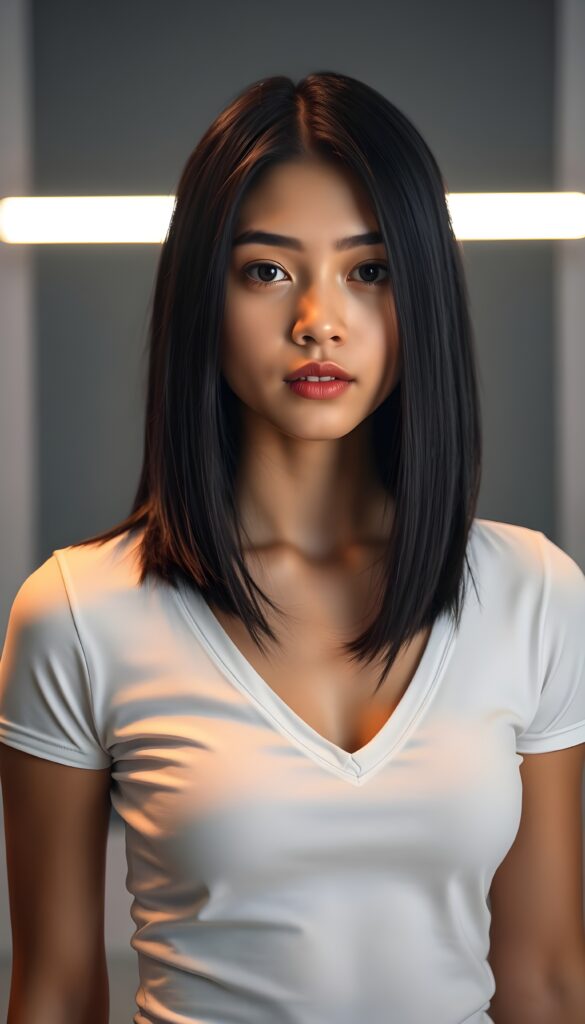 Typical Portrait shot from a very cute young teen girl with straight black soft shoulder-length hair, wearing a tight white V-neck shirt, stands confidently in a modern, sleek studio with a gray and white backdrop. Her naturally soft, slightly tanned skin glows under warm, soft light, highlighting her full lips and delicate features. The scene is photo-realistic, with vibrant colors and sharp details, emphasizing her elegance and youthful charm.