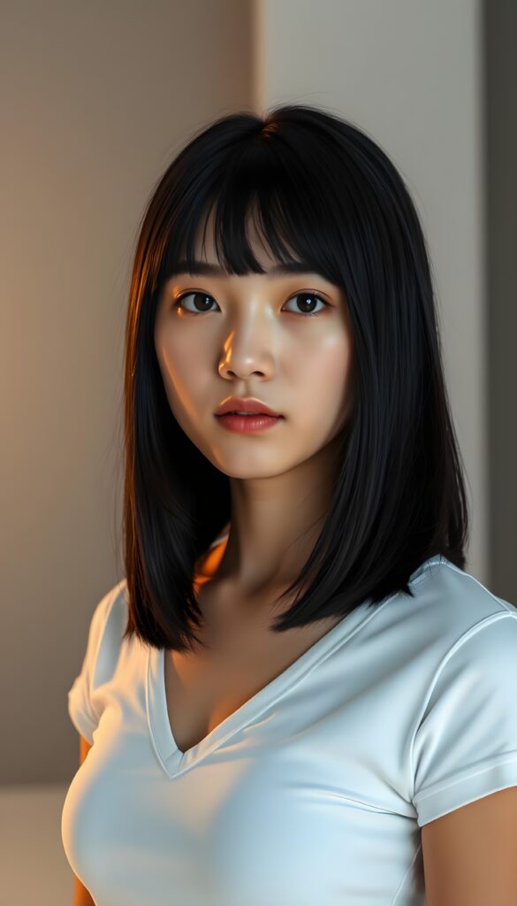 Typical Portrait shot from a very cute young teen girl with straight black soft shoulder-length hair, wearing a tight white V-neck shirt, stands confidently in a modern, sleek studio with a gray and white backdrop. Her naturally soft, slightly tanned skin glows under warm, soft light, highlighting her full lips and delicate features. The scene is photo-realistic, with vibrant colors and sharp details, emphasizing her elegance and youthful charm.