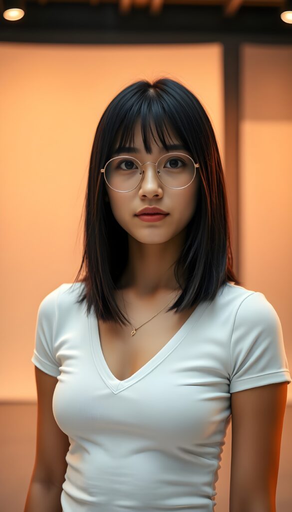 Typical Portrait shot from a very cute young teen girl with straight black soft shoulder-length hair, wearing a tight white V-neck shirt, stands confidently in a modern, sleek studio with a gray and white backdrop. Her naturally soft, slightly tanned skin glows under warm, soft light, highlighting her full lips and delicate features. The scene is photo-realistic, with vibrant colors and sharp details, emphasizing her elegance and youthful charm.