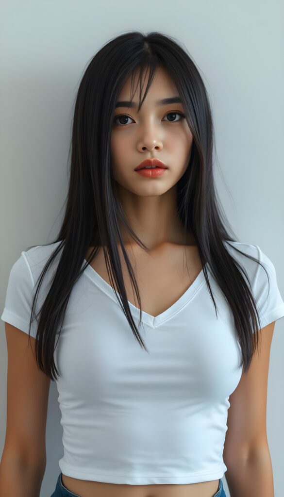 Typical Portrait shot from a very cute young teen girl with straight black soft shoulder-length hair, wearing a tight white V-neck shirt, stands confidently in a modern, sleek studio with a gray and white backdrop. Her naturally soft, slightly tanned skin glows under warm, soft light, highlighting her full lips and delicate features. The scene is photo-realistic, with vibrant colors and sharp details, emphasizing her elegance and youthful charm.