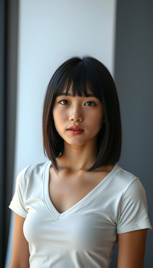 Typical Portrait shot from a very cute young teen girl with straight black soft shoulder-length hair, wearing a tight white V-neck shirt, stands confidently in a modern, sleek studio with a gray and white backdrop. Her naturally soft, slightly tanned skin glows under warm, soft light, highlighting her full lips and delicate features. The scene is photo-realistic, with vibrant colors and sharp details, emphasizing her elegance and youthful charm.