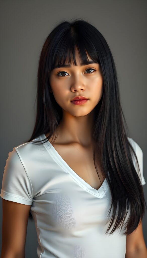 Typical Portrait shot from a very cute young teen girl with straight black soft shoulder-length hair, wearing a tight white V-neck shirt, stands confidently in a modern, sleek studio with a gray and white backdrop. Her naturally soft, slightly tanned skin glows under warm, soft light, highlighting her full lips and delicate features. The scene is photo-realistic, with vibrant colors and sharp details, emphasizing her elegance and youthful charm.