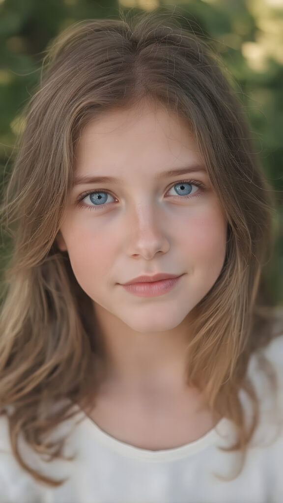 ultra-realistic portrait of a beautiful young girl, natural proportions, soft and smooth fair skin with subtle freckles, long wavy chestnut hair with natural shine, deep blue eyes reflecting soft daylight, fine eyelashes, delicate eyebrows, gentle and authentic smile, slightly rosy cheeks, wearing a simple light pastel blouse, no jewelry, photographed outdoors in a lush garden with blurred green background (bokeh), golden hour lighting, captured with a high-end DSLR camera, 85mm lens, aperture f/1.4, extremely sharp focus on the eyes, natural skin texture, photorealistic, high resolution, no makeup, cinematic composition