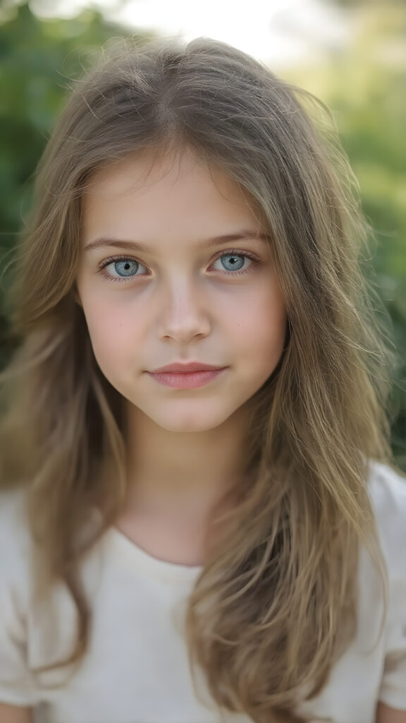 ultra-realistic portrait of a beautiful young girl, natural proportions, soft and smooth fair skin with subtle freckles, long wavy chestnut hair with natural shine, deep blue eyes reflecting soft daylight, fine eyelashes, delicate eyebrows, gentle and authentic smile, slightly rosy cheeks, wearing a simple light pastel blouse, no jewelry, photographed outdoors in a lush garden with blurred green background (bokeh), golden hour lighting, captured with a high-end DSLR camera, 85mm lens, aperture f/1.4, extremely sharp focus on the eyes, natural skin texture, photorealistic, high resolution, no makeup, cinematic composition