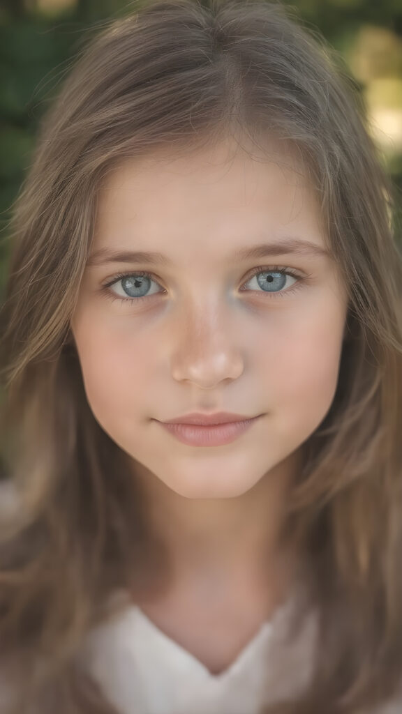 ultra-realistic portrait of a beautiful young girl, natural proportions, soft and smooth fair skin with subtle freckles, long wavy chestnut hair with natural shine, deep blue eyes reflecting soft daylight, fine eyelashes, delicate eyebrows, gentle and authentic smile, slightly rosy cheeks, wearing a simple light pastel blouse, no jewelry, photographed outdoors in a lush garden with blurred green background (bokeh), golden hour lighting, captured with a high-end DSLR camera, 85mm lens, aperture f/1.4, extremely sharp focus on the eyes, natural skin texture, photorealistic, high resolution, no makeup, cinematic composition