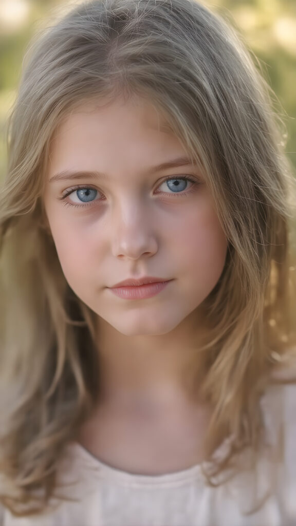 ultra-realistic portrait of a beautiful young girl, natural proportions, soft and smooth fair skin with subtle freckles, long wavy chestnut hair with natural shine, deep blue eyes reflecting soft daylight, fine eyelashes, delicate eyebrows, gentle and authentic smile, slightly rosy cheeks, wearing a simple light pastel blouse, no jewelry, photographed outdoors in a lush garden with blurred green background (bokeh), golden hour lighting, captured with a high-end DSLR camera, 85mm lens, aperture f/1.4, extremely sharp focus on the eyes, natural skin texture, photorealistic, high resolution, no makeup, cinematic composition