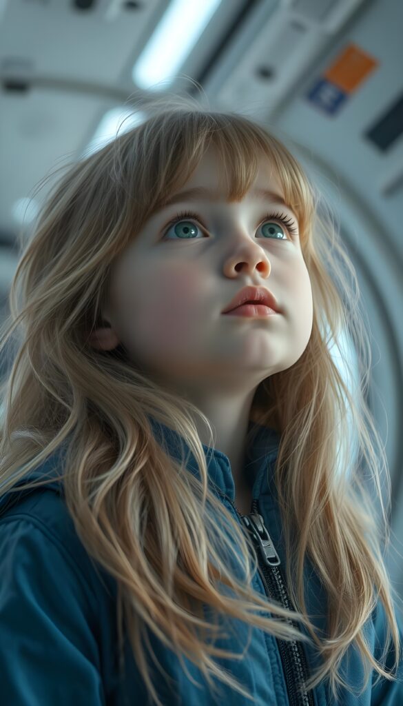 “Ultra‑detailed 3D render of a young cute girl in a futuristic spacecraft interior, looking upwards with a sense of wonder. Soft studio lighting highlighting the child’s face, pale skin with a gentle blush, very thick, voluminous, long light‑blond hair and fine dark highlights flowing freely around the shoulders, with many loose strands and open hair. Bright expressive eyes, wearing a detailed blue futuristic jacket with metallic clips and fabric folds. Cinematic composition, shallow depth of field, sharp focus on the face, high resolution, photorealistic style.”