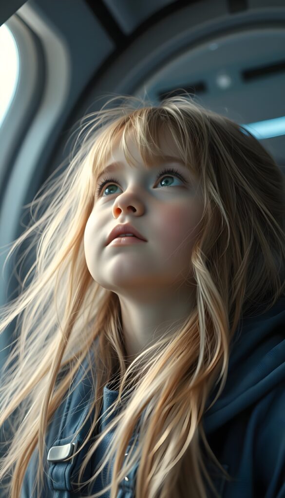 “Ultra‑detailed 3D render of a young cute girl in a futuristic spacecraft interior, looking upwards with a sense of wonder. Soft studio lighting highlighting the child’s face, pale skin with a gentle blush, very thick, voluminous, long light‑blond hair and fine dark highlights flowing freely around the shoulders, with many loose strands and open hair. Bright expressive eyes, wearing a detailed blue futuristic jacket with metallic clips and fabric folds. Cinematic composition, shallow depth of field, sharp focus on the face, high resolution, photorealistic style.”