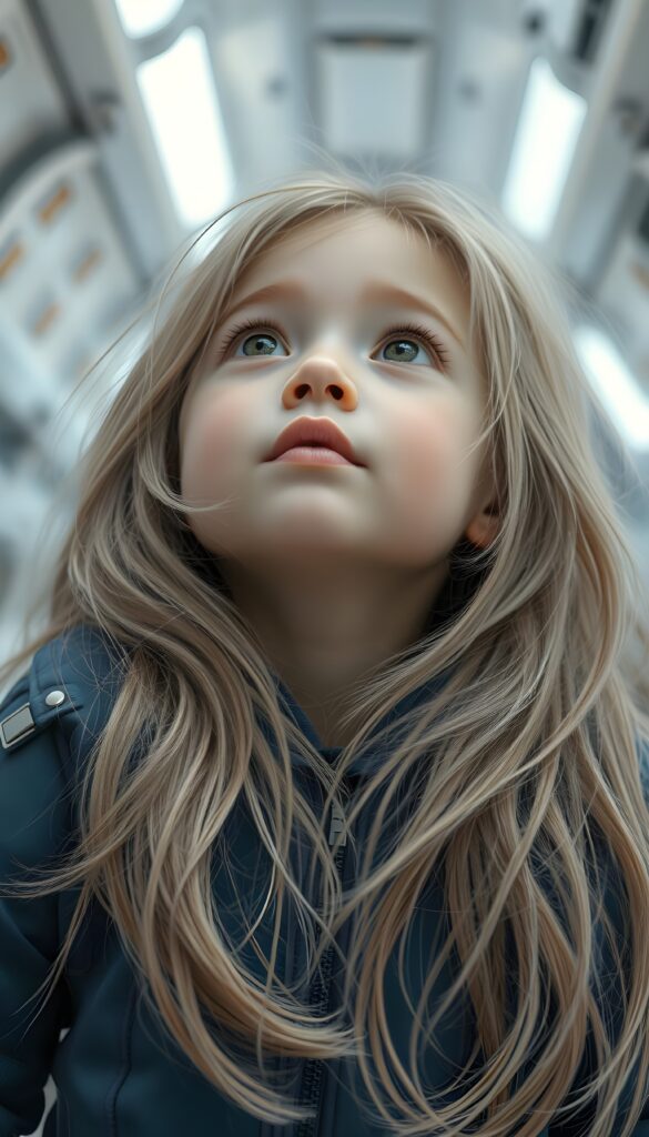 “Ultra‑detailed 3D render of a young cute girl in a futuristic spacecraft interior, looking upwards with a sense of wonder. Soft studio lighting highlighting the child’s face, pale skin with a gentle blush, very thick, voluminous, long light‑blond hair and fine dark highlights flowing freely around the shoulders, with many loose strands and open hair. Bright expressive eyes, wearing a detailed blue futuristic jacket with metallic clips and fabric folds. Cinematic composition, shallow depth of field, sharp focus on the face, high resolution, photorealistic style.”