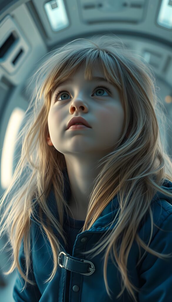 “Ultra‑detailed 3D render of a young cute girl in a futuristic spacecraft interior, looking upwards with a sense of wonder. Soft studio lighting highlighting the child’s face, pale skin with a gentle blush, very thick, voluminous, long light‑blond hair and fine dark highlights flowing freely around the shoulders, with many loose strands and open hair. Bright expressive eyes, wearing a detailed blue futuristic jacket with metallic clips and fabric folds. Cinematic composition, shallow depth of field, sharp focus on the face, high resolution, photorealistic style.”