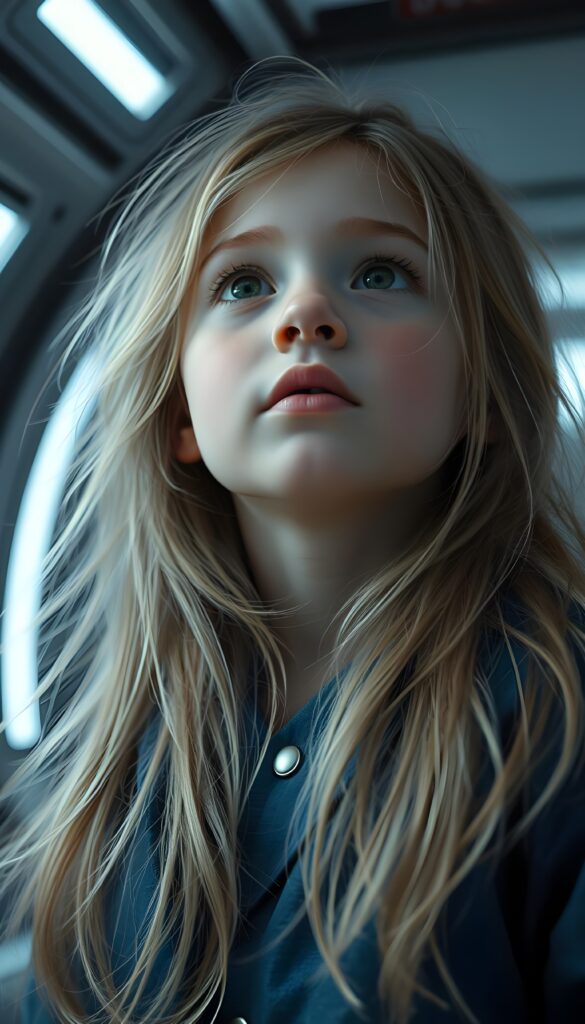 “Ultra‑detailed 3D render of a young cute girl in a futuristic spacecraft interior, looking upwards with a sense of wonder. Soft studio lighting highlighting the child’s face, pale skin with a gentle blush, very thick, voluminous, long light‑blond hair and fine dark highlights flowing freely around the shoulders, with many loose strands and open hair. Bright expressive eyes, wearing a detailed blue futuristic jacket with metallic clips and fabric folds. Cinematic composition, shallow depth of field, sharp focus on the face, high resolution, photorealistic style.”
