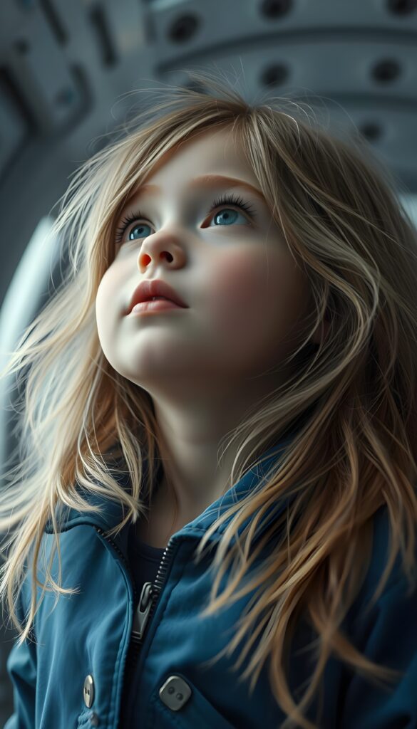 “Ultra‑detailed 3D render of a young cute girl in a futuristic spacecraft interior, looking upwards with a sense of wonder. Soft studio lighting highlighting the child’s face, pale skin with a gentle blush, very thick, voluminous, long light‑blond hair and fine dark highlights flowing freely around the shoulders, with many loose strands and open hair. Bright expressive eyes, wearing a detailed blue futuristic jacket with metallic clips and fabric folds. Cinematic composition, shallow depth of field, sharp focus on the face, high resolution, photorealistic style.”