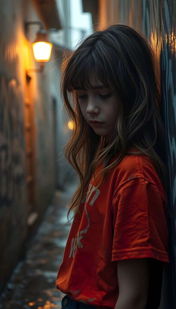 Upper body photo from a young girl with long, wavy hair light brown stands in a weathered, dilapidated alleyway, her t-shirt is tattered but vibrant in hues of orange and red. Her eyes are downcast, revealing a tear that gleams in the dim light, reflecting the flickering glow of a distant streetlamp. The scene is framed with a low angle, emphasizing her vulnerability and resilience. Surrounding her, graffiti-covered walls add a gritty texture to the scene, while raindrops glisten on her clothes and the ground, casting reflections of the muted, overcast sky.