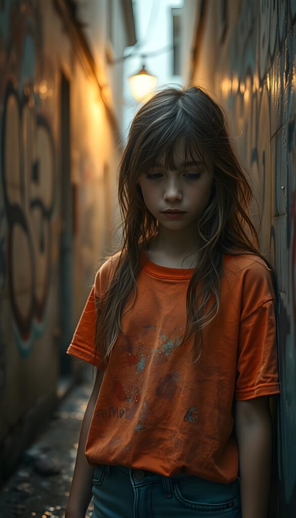 Upper body photo from a young girl with long, wavy hair light brown stands in a weathered, dilapidated alleyway, her t-shirt is tattered but vibrant in hues of orange and red. Her eyes are downcast, revealing a tear that gleams in the dim light, reflecting the flickering glow of a distant streetlamp. The scene is framed with a low angle, emphasizing her vulnerability and resilience. Surrounding her, graffiti-covered walls add a gritty texture to the scene, while raindrops glisten on her clothes and the ground, casting reflections of the muted, overcast sky.