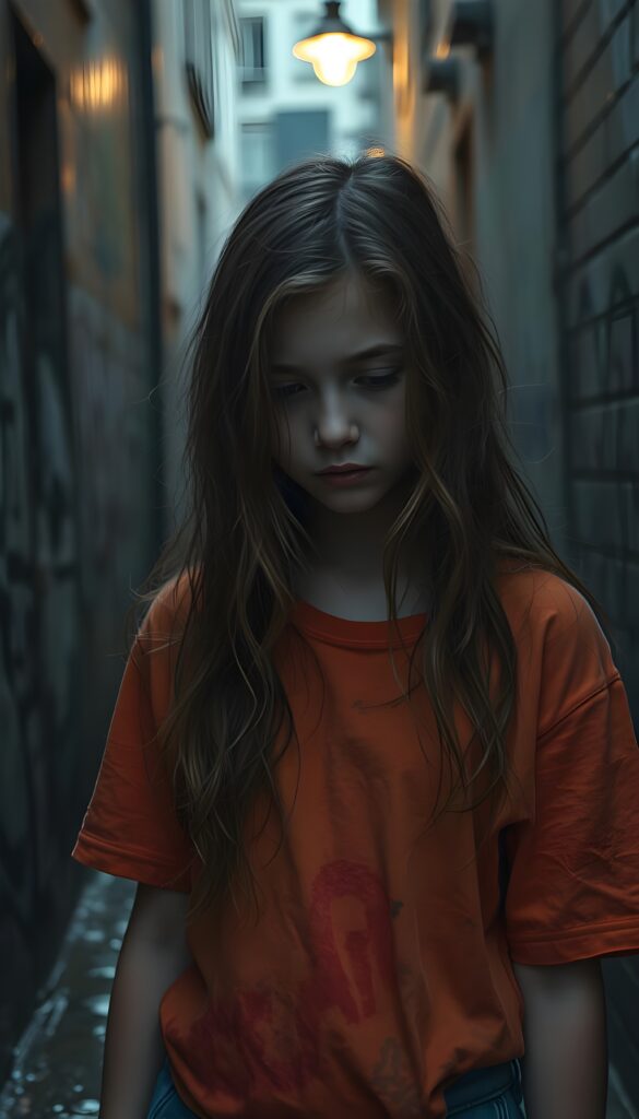 Upper body photo from a young girl with long, wavy hair light brown stands in a weathered, dilapidated alleyway, her t-shirt is tattered but vibrant in hues of orange and red. Her eyes are downcast, revealing a tear that gleams in the dim light, reflecting the flickering glow of a distant streetlamp. The scene is framed with a low angle, emphasizing her vulnerability and resilience. Surrounding her, graffiti-covered walls add a gritty texture to the scene, while raindrops glisten on her clothes and the ground, casting reflections of the muted, overcast sky.