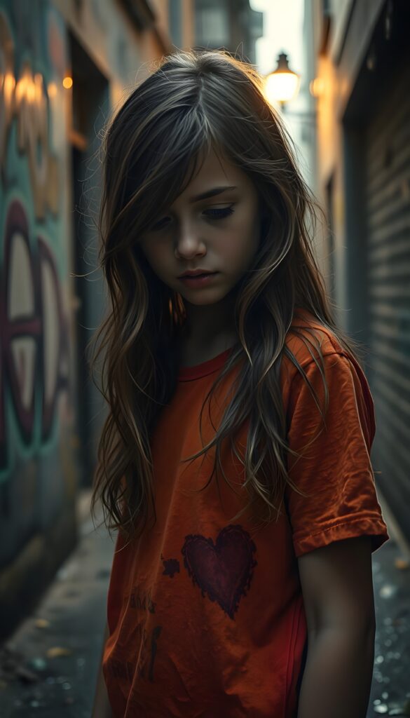 Upper body photo from a young girl with long, wavy hair light brown stands in a weathered, dilapidated alleyway, her t-shirt is tattered but vibrant in hues of orange and red. Her eyes are downcast, revealing a tear that gleams in the dim light, reflecting the flickering glow of a distant streetlamp. The scene is framed with a low angle, emphasizing her vulnerability and resilience. Surrounding her, graffiti-covered walls add a gritty texture to the scene, while raindrops glisten on her clothes and the ground, casting reflections of the muted, overcast sky.