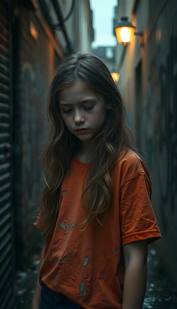 Upper body photo from a young girl with long, wavy hair light brown stands in a weathered, dilapidated alleyway, her t-shirt is tattered but vibrant in hues of orange and red. Her eyes are downcast, revealing a tear that gleams in the dim light, reflecting the flickering glow of a distant streetlamp. The scene is framed with a low angle, emphasizing her vulnerability and resilience. Surrounding her, graffiti-covered walls add a gritty texture to the scene, while raindrops glisten on her clothes and the ground, casting reflections of the muted, overcast sky.