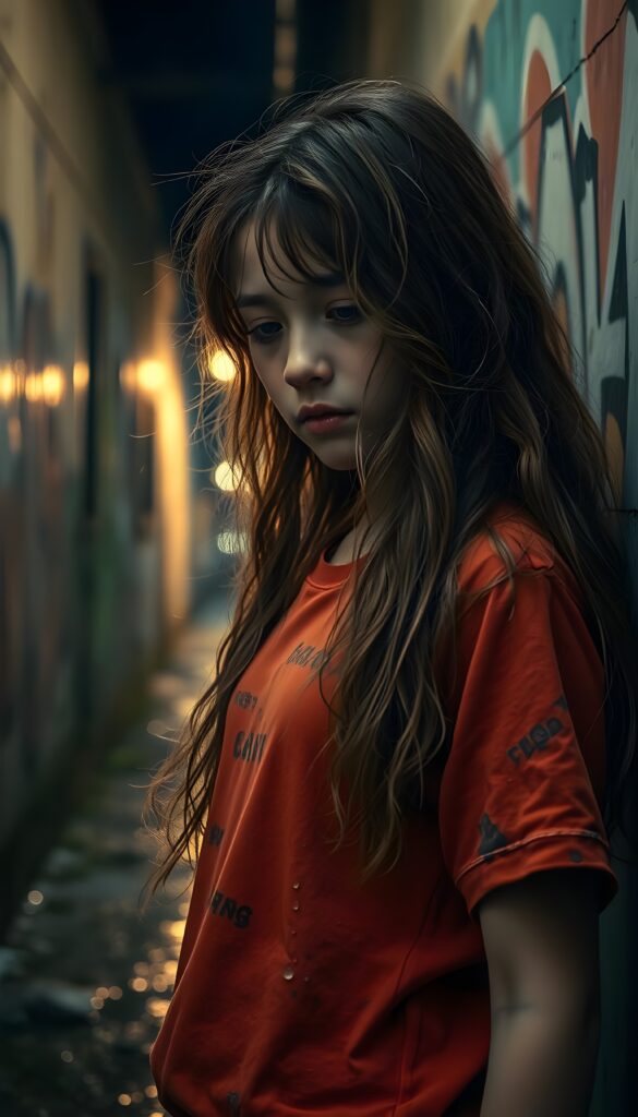 Upper body photo from a young girl with long, wavy hair light brown stands in a weathered, dilapidated alleyway, her t-shirt is tattered but vibrant in hues of orange and red. Her eyes are downcast, revealing a tear that gleams in the dim light, reflecting the flickering glow of a distant streetlamp. The scene is framed with a low angle, emphasizing her vulnerability and resilience. Surrounding her, graffiti-covered walls add a gritty texture to the scene, while raindrops glisten on her clothes and the ground, casting reflections of the muted, overcast sky.