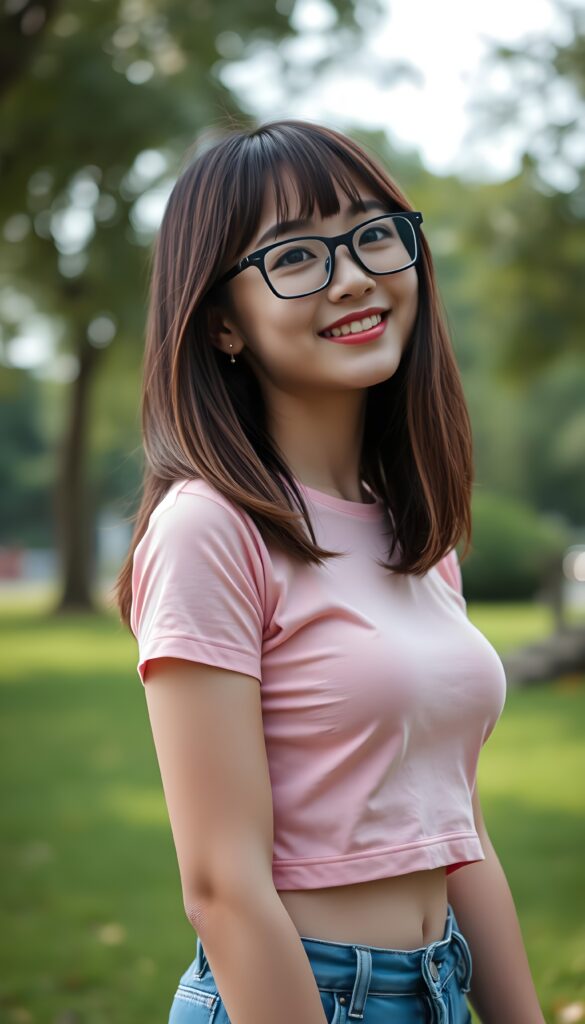 Upper body portrait from a cute busty Asian teen girl, shoulder-length light brown straight hair with black highlights in a perfect blowing out bob cut, bangs, ((skin-tight light pink cropped plain t-shirt with blue jeans)). She stands in a beautiful green park. She wears black glasses. Smile. Red kissable Lips. Stunning. Slightly side view and she looks up. Cute belly button.