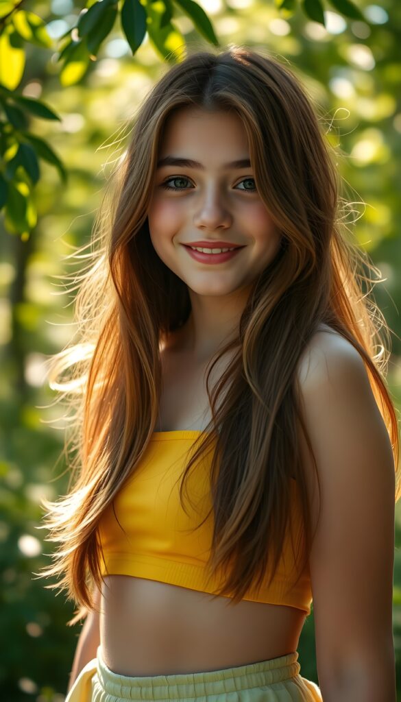 Upper body portrait from a playful, sunlit forest glade features a radiant young cute girl with flowing chestnut hair cascading down her shoulders. She's dressed in a vibrant, summery yellow and green sun-kissed crop top, complementing her fair, flawless skin. Her soft, expressive eyes sparkle with curiosity and her lips curl into a friendly smile. The scene is alive with dappled sunlight filtering through lush trees, casting a warm, golden glow. A gentle breeze stirs the leaves around her, adding a sense of serene motion to the tranquil setting.