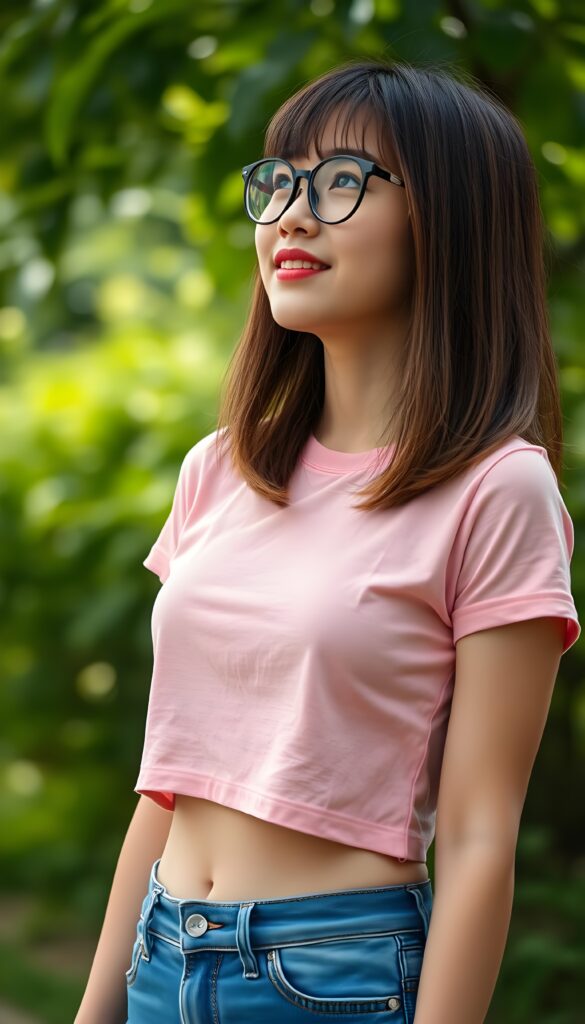 Upper body portrait from a cute busty Asian teen girl, shoulder-length light brown straight hair with black highlights in a perfect blowing out bob cut, bangs, ((skin-tight light pink cropped plain t-shirt with blue jeans)). She stands in a beautiful green park. She wears black glasses. Smile. Red kissable Lips. Stunning. Slightly side view and she looks up. Cute belly button.