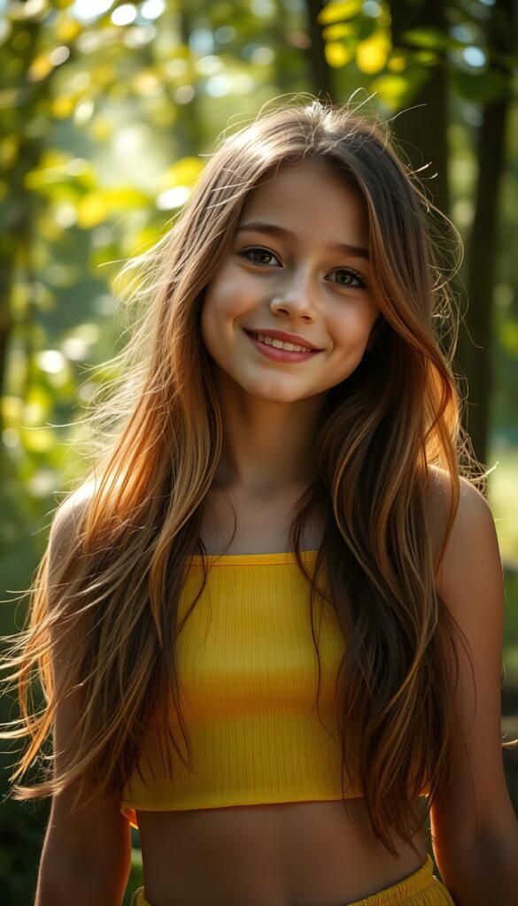 Upper body portrait from a playful, sunlit forest glade features a radiant young cute girl with flowing chestnut hair cascading down her shoulders. She's dressed in a vibrant, summery yellow and green sun-kissed crop top, complementing her fair, flawless skin. Her soft, expressive eyes sparkle with curiosity and her lips curl into a friendly smile. The scene is alive with dappled sunlight filtering through lush trees, casting a warm, golden glow. A gentle breeze stirs the leaves around her, adding a sense of serene motion to the tranquil setting.