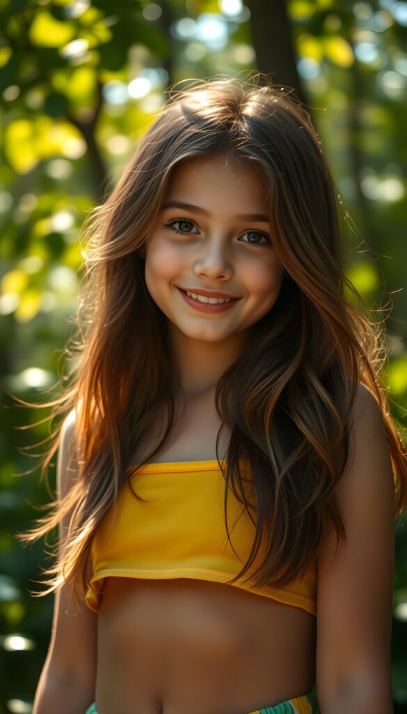 Upper body portrait from a playful, sunlit forest glade features a radiant young cute girl with flowing chestnut hair cascading down her shoulders. She's dressed in a vibrant, summery yellow and green sun-kissed crop top, complementing her fair, flawless skin. Her soft, expressive eyes sparkle with curiosity and her lips curl into a friendly smile. The scene is alive with dappled sunlight filtering through lush trees, casting a warm, golden glow. A gentle breeze stirs the leaves around her, adding a sense of serene motion to the tranquil setting.