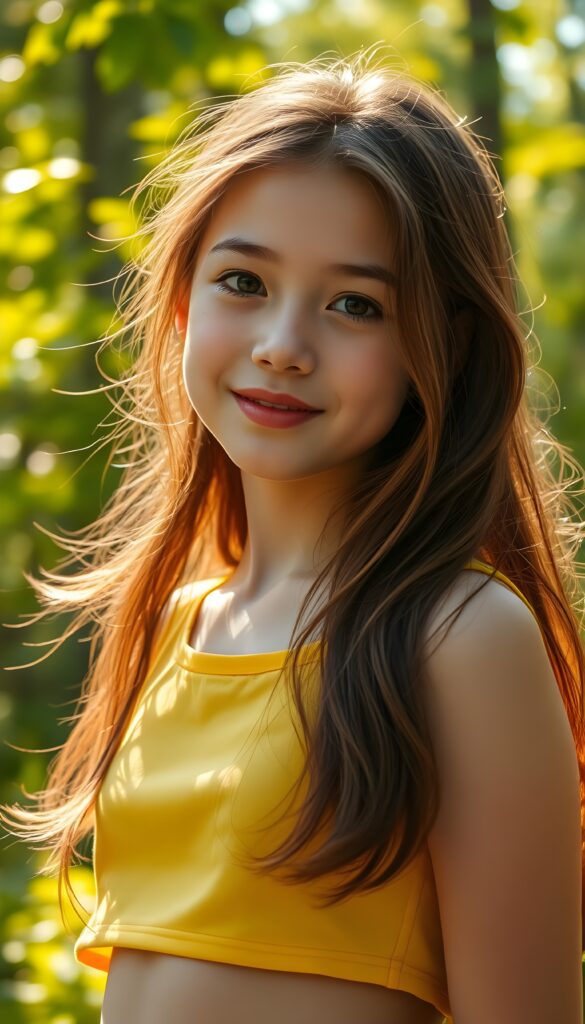 Upper body portrait from a playful, sunlit forest glade features a radiant young cute girl with flowing chestnut hair cascading down her shoulders. She's dressed in a vibrant, summery yellow and green sun-kissed crop top, complementing her fair, flawless skin. Her soft, expressive eyes sparkle with curiosity and her lips curl into a friendly smile. The scene is alive with dappled sunlight filtering through lush trees, casting a warm, golden glow. A gentle breeze stirs the leaves around her, adding a sense of serene motion to the tranquil setting.