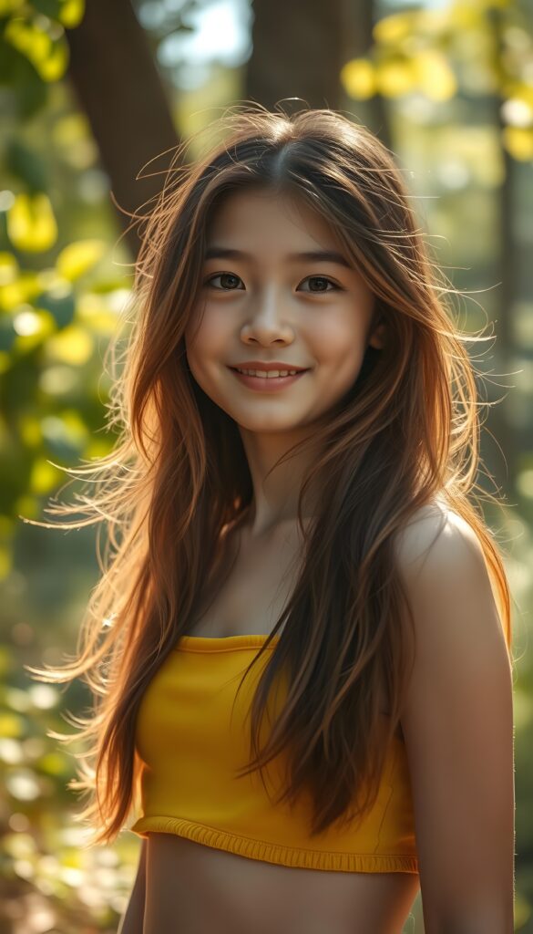 Upper body portrait from a playful, sunlit forest glade features a radiant young cute girl with flowing chestnut hair cascading down her shoulders. She's dressed in a vibrant, summery yellow and green sun-kissed crop top, complementing her fair, flawless skin. Her soft, expressive eyes sparkle with curiosity and her lips curl into a friendly smile. The scene is alive with dappled sunlight filtering through lush trees, casting a warm, golden glow. A gentle breeze stirs the leaves around her, adding a sense of serene motion to the tranquil setting.
