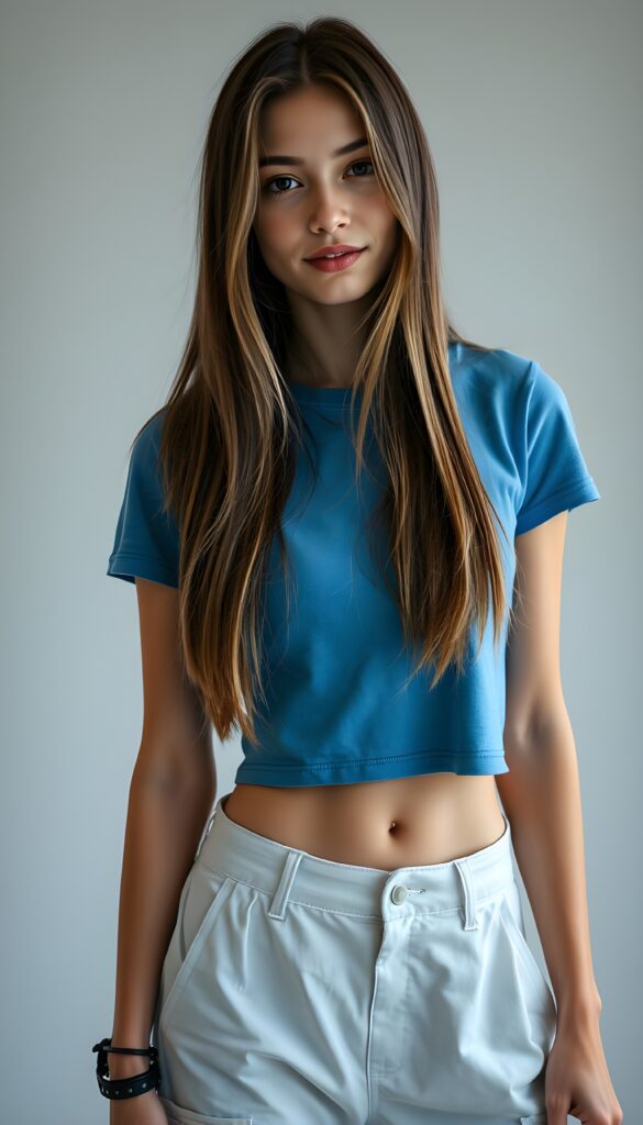Upper body shot from a cute young tall slender girl with straight, brown hair and blond highlights falls down. She wears a blue light thin cropped t-shirt and white long cargo pants. She has a perfect curved female body, in a photo studio, white and grey backdrop. She smile to the viewer. Seductive. Front view.
