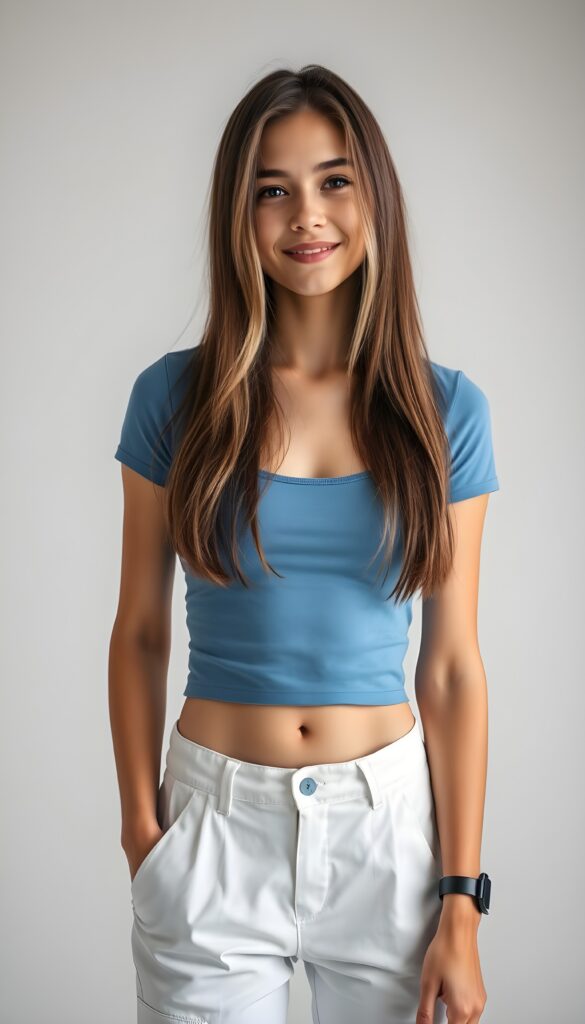 Upper body shot from a cute young tall slender girl with straight, brown hair and blond highlights. She wears a blue light thin cropped t-shirt and white long cargo pants. She has a perfect curved female body, pose casually in a photo studio, white and grey backdrop. She smile to the viewer. Seductive. Front view.