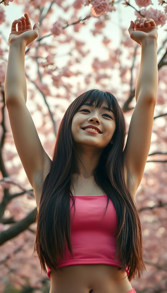 Upper body shot from a radiant young cute tanned Japanese girl, her straight, smooth, hazelnut-brown long hair with black highlights falls down, wears a vibrant pink cropped spaghetti tank top that contrast beautifully with the gradient sky transitioning from soft pinks to calming blues. In front of a cherry blossom tree, she strikes a joyful pose, arms raised in the air, embodying pure energy and joy. The scene is bathed in soft, diffused sunlight, casting gentle shadows and highlighting the delicate pink petals that dance around her, creating a magical, ethereal atmosphere. She's showing her cute little belly button. Sun kissed skin. Front view.