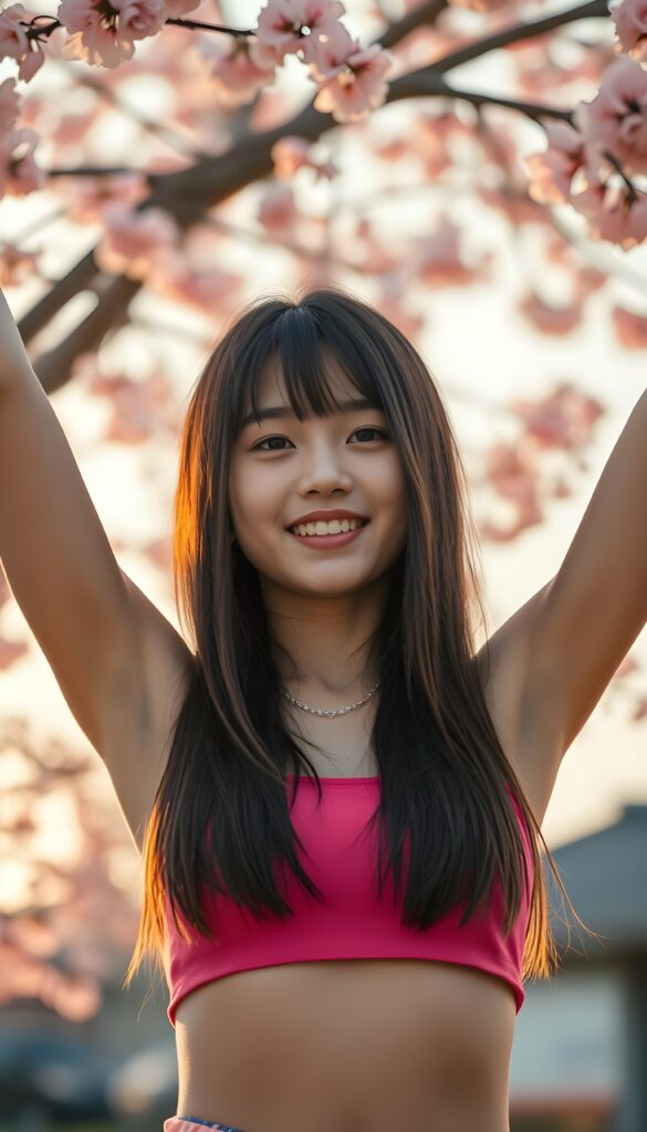 Upper body shot from a radiant young cute tanned Japanese girl, her straight, smooth, hazelnut-brown long hair with black highlights falls down, wears a vibrant pink cropped spaghetti tank top that contrast beautifully with the gradient sky transitioning from soft pinks to calming blues. In front of a cherry blossom tree, she strikes a joyful pose, arms raised in the air, embodying pure energy and joy. The scene is bathed in soft, diffused sunlight, casting gentle shadows and highlighting the delicate pink petals that dance around her, creating a magical, ethereal atmosphere. She's showing her cute little belly button. Sun kissed skin. Front view.