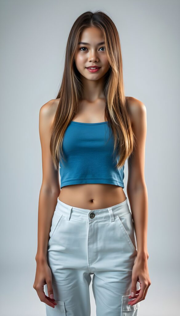 Upper body shot from a cute young tall slender girl with straight, brown hair and blond highlights falls down. She wears a blue light thin cropped t-shirt and white long cargo pants. She has a perfect curved female body, in a photo studio, white and grey backdrop. She smile to the viewer. Seductive. Front view.