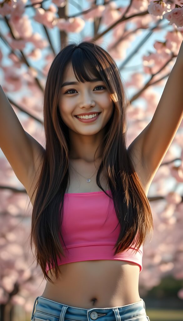 Upper body shot from a radiant young cute tanned Japanese girl, her straight, smooth, hazelnut-brown long hair with black highlights falls down, wears a vibrant pink cropped spaghetti tank top that contrast beautifully with the gradient sky transitioning from soft pinks to calming blues. In front of a cherry blossom tree, she strikes a joyful pose, arms raised in the air, embodying pure energy and joy. The scene is bathed in soft, diffused sunlight, casting gentle shadows and highlighting the delicate pink petals that dance around her, creating a magical, ethereal atmosphere. She's showing her cute little belly button. Sun kissed skin. Front view.