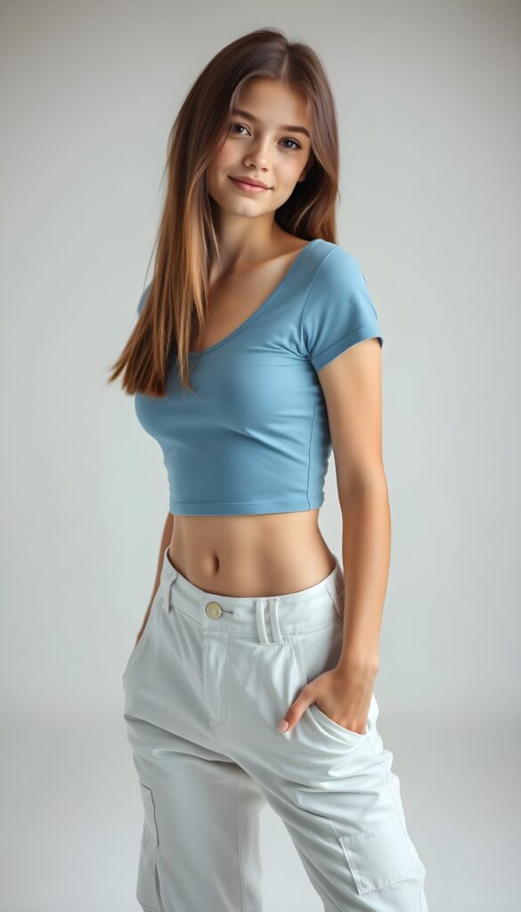 Upper body shot from a cute young tall slender girl with straight, brown hair and blond highlights. She wears a blue light thin cropped t-shirt and white long cargo pants. She has a perfect curved female body, pose casually in a photo studio, white and grey backdrop. She smile to the viewer. Seductive. Front view.